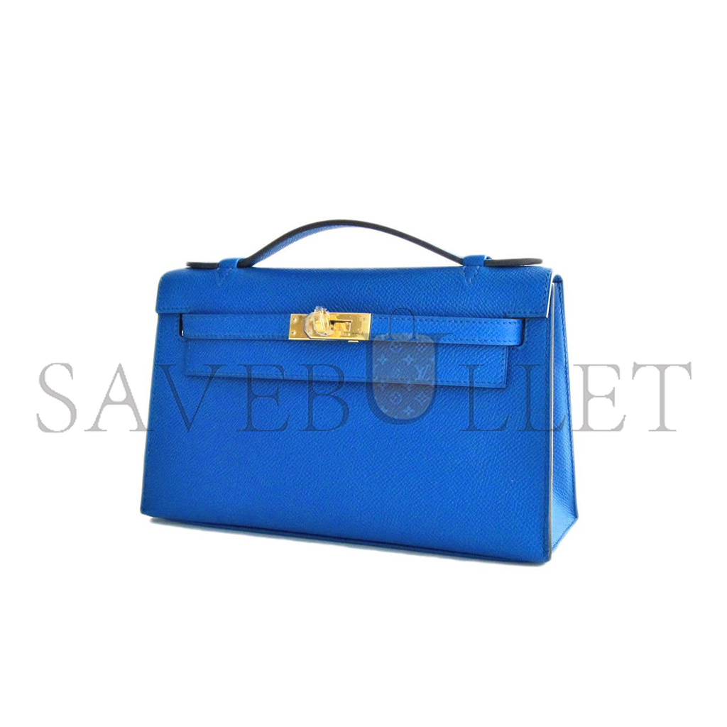 HERMES BLUE IZMIR GOLD KELLY POCHETTE EPSOM GHW CLUTCH CUT BAG (22*14*7cm) 